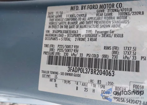 2011 Ford Fusion Hybrid из США, поврежденный, VIN 3FADP0L37BR204063